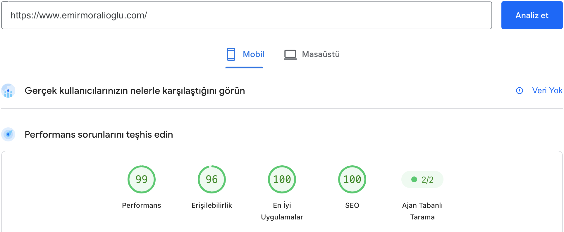 PageSpeed Insights mobil skorları: Performans 99, Erişilebilirlik 96, En İyi Uygulamalar 100, SEO 100